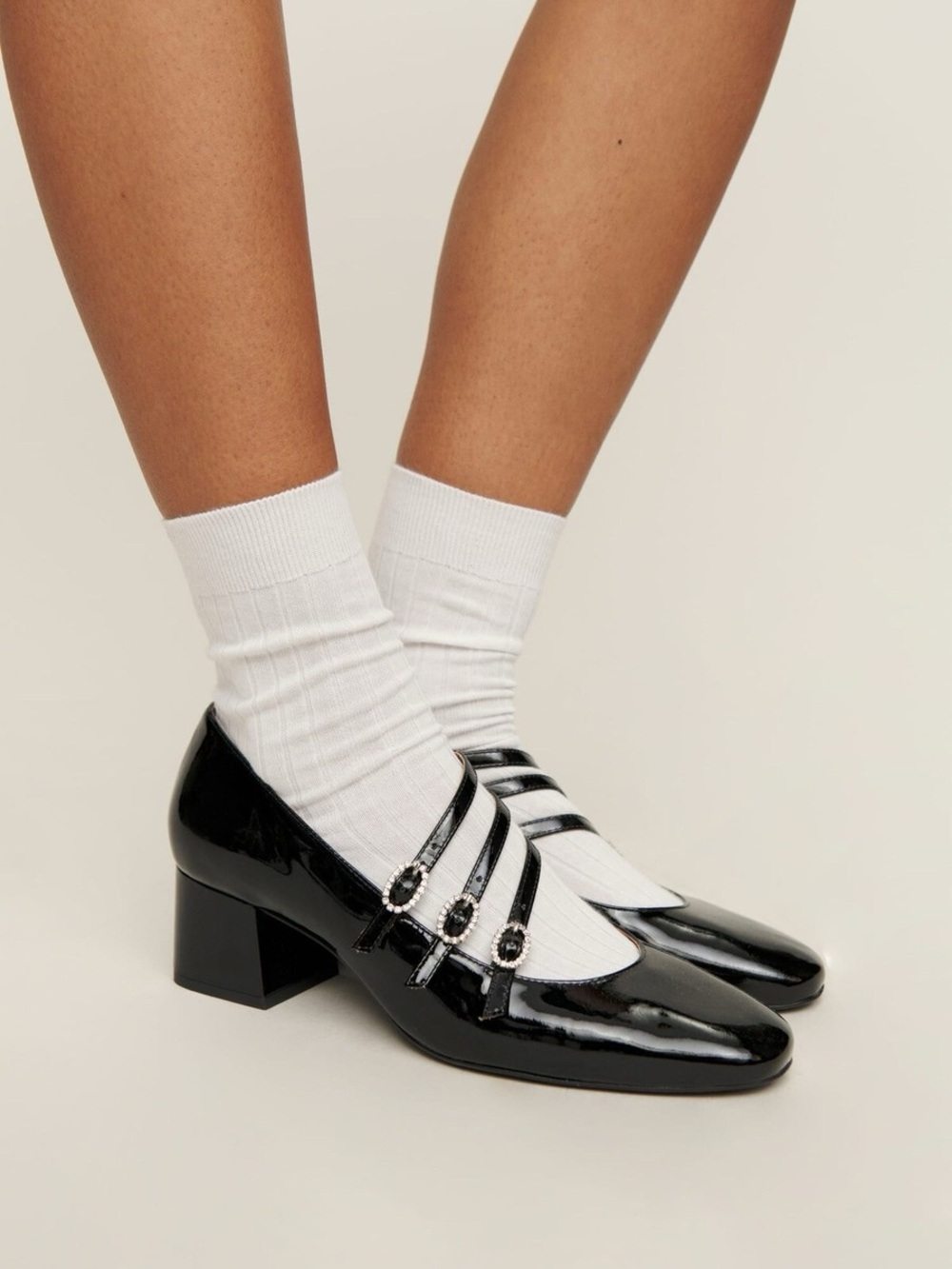 Reformation Mimi Crystal Buckle Patent Leather Mary Jane Pumps Black 7.5
